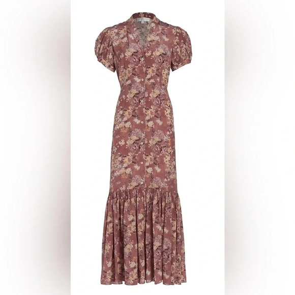 NWT CAROLINE CONSTAS Nancy Floral Silk Puff-Sleeve Maxi Dress Ex Small Authentic - Picture 2 of 16